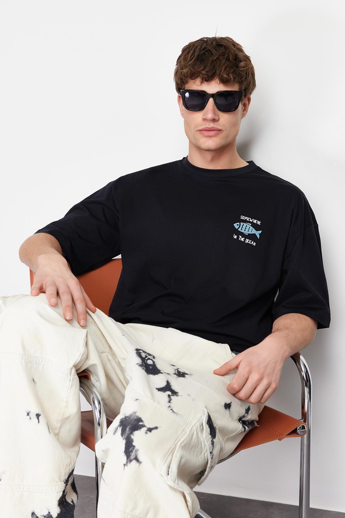 Black Oversized Cotton T-Shirt, , large image number 2
