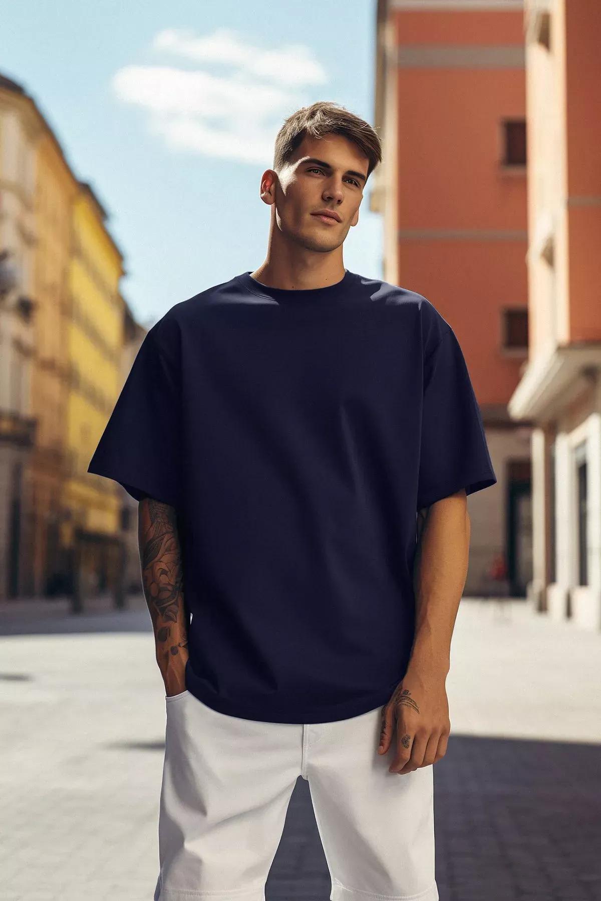 Navy Crew Neck Oversize Tshirt, Dark blue, medium