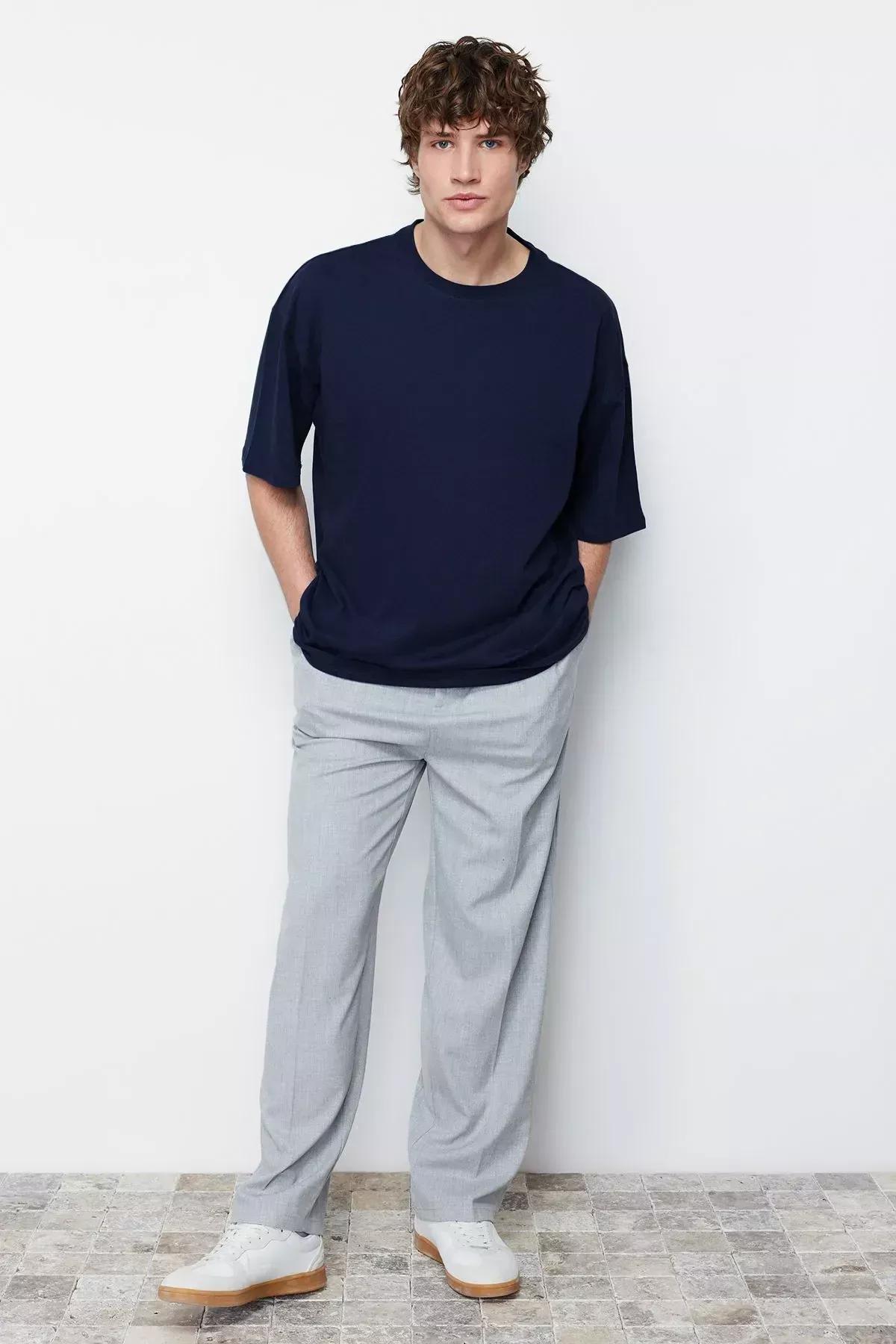 Navy Crew Neck Oversize Tshirt, Dark blue, large image number 3