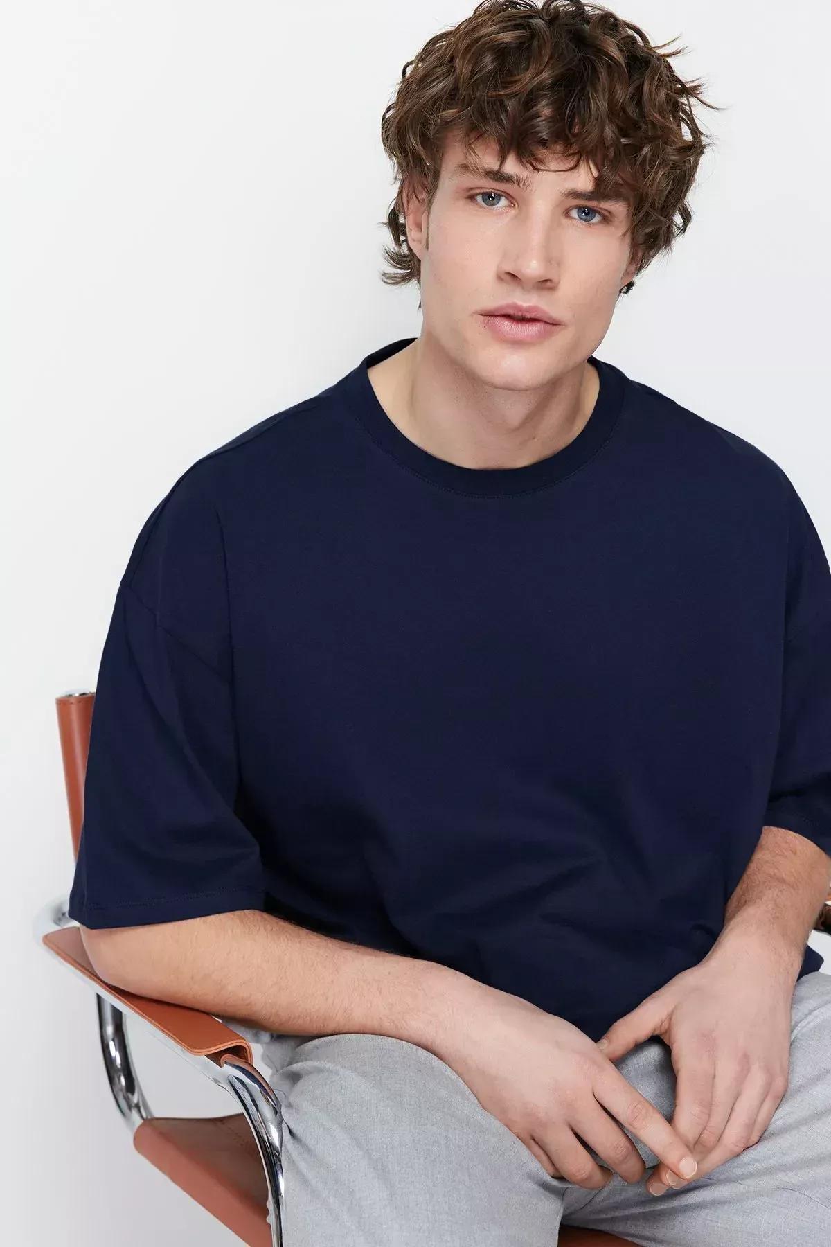 Navy Crew Neck Oversize Tshirt, Dark blue, large image number 4