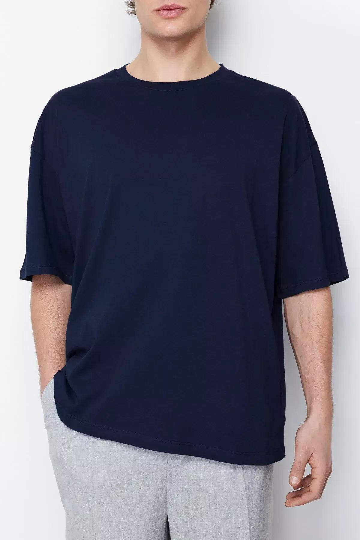 Navy Crew Neck Oversize Tshirt, Dark blue, large image number 5