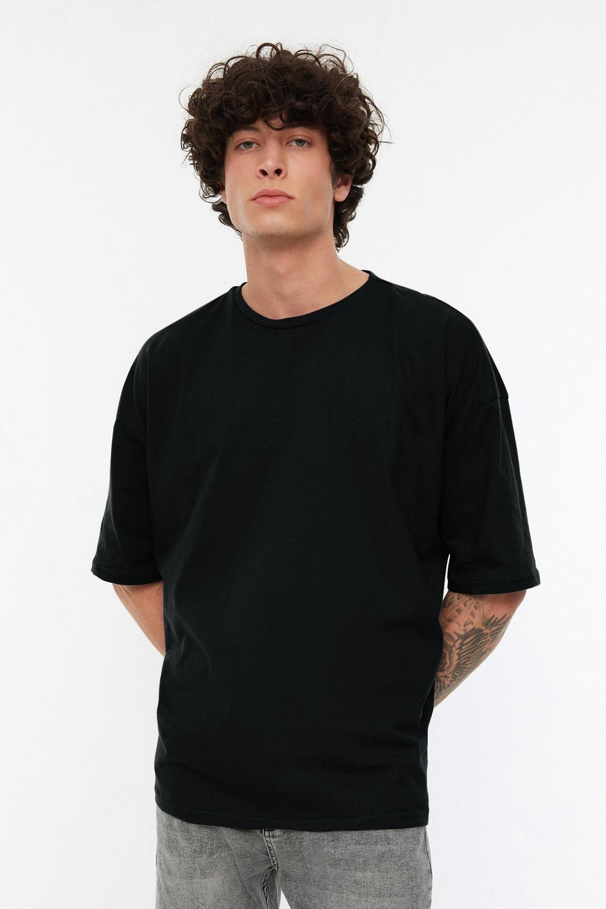 Black Crew Neck Oversize T-Shirt, Black, medium