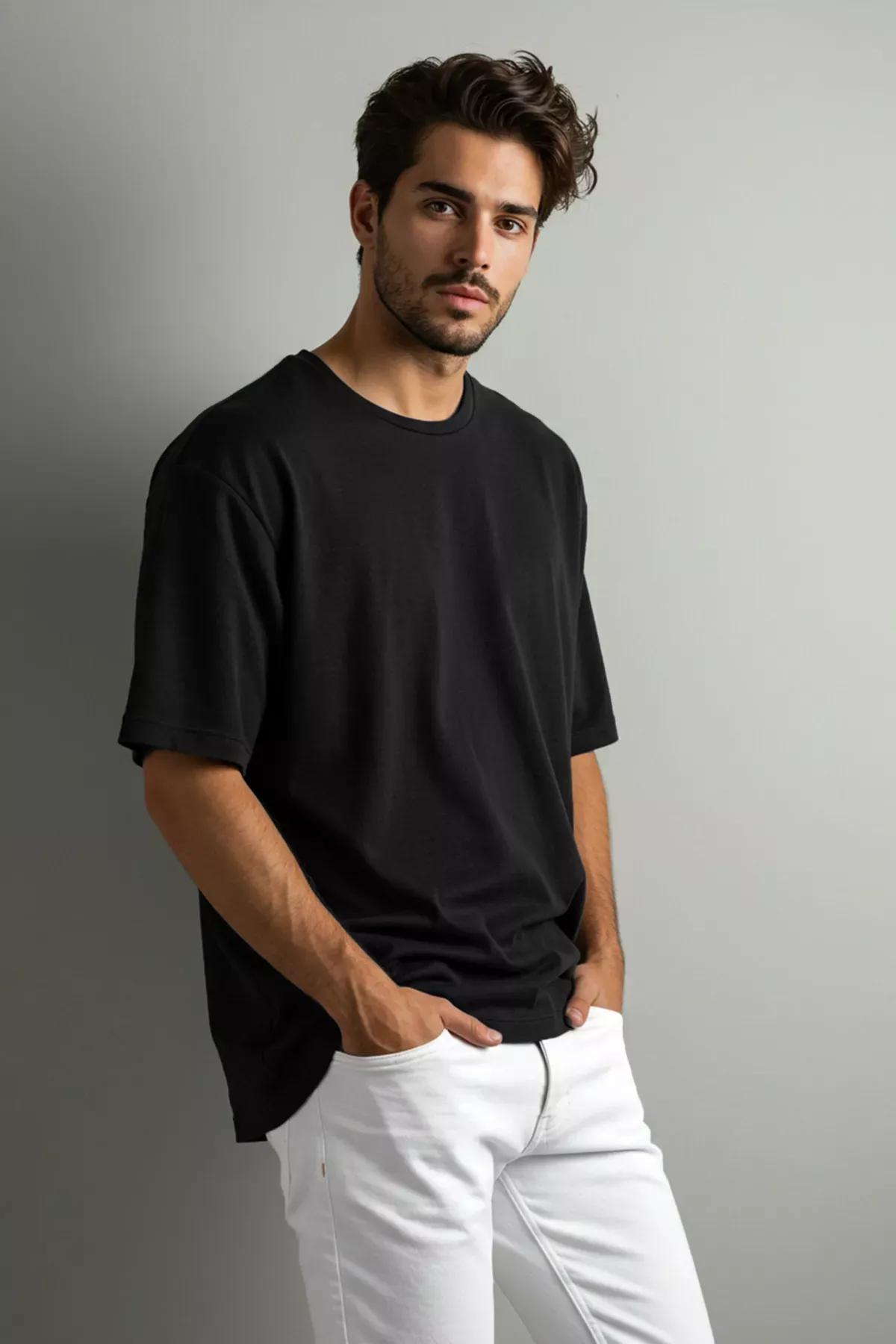 Black Crew Neck Oversize T-Shirt, Black, medium