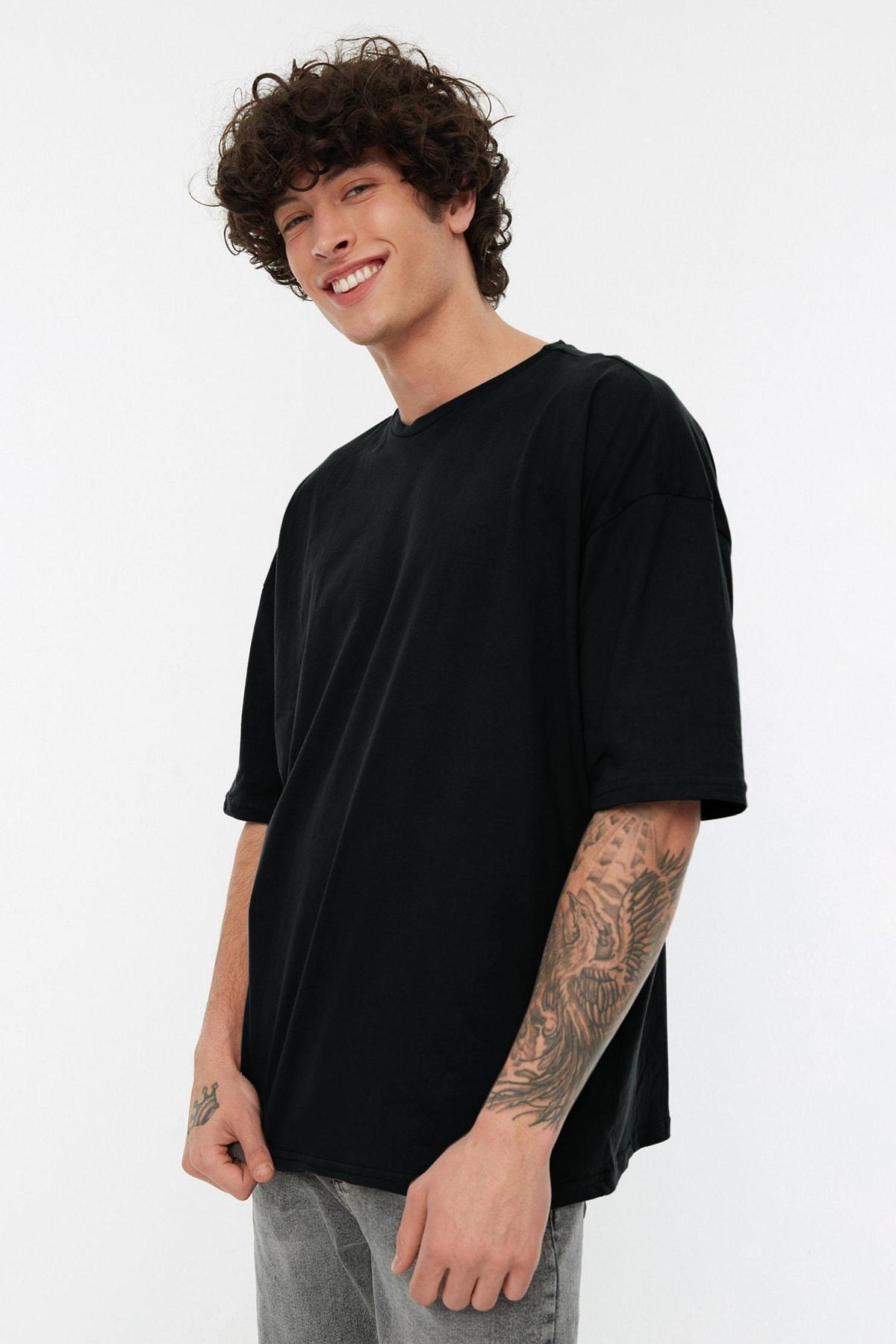 Black Crew Neck Oversize T-Shirt, Black, medium