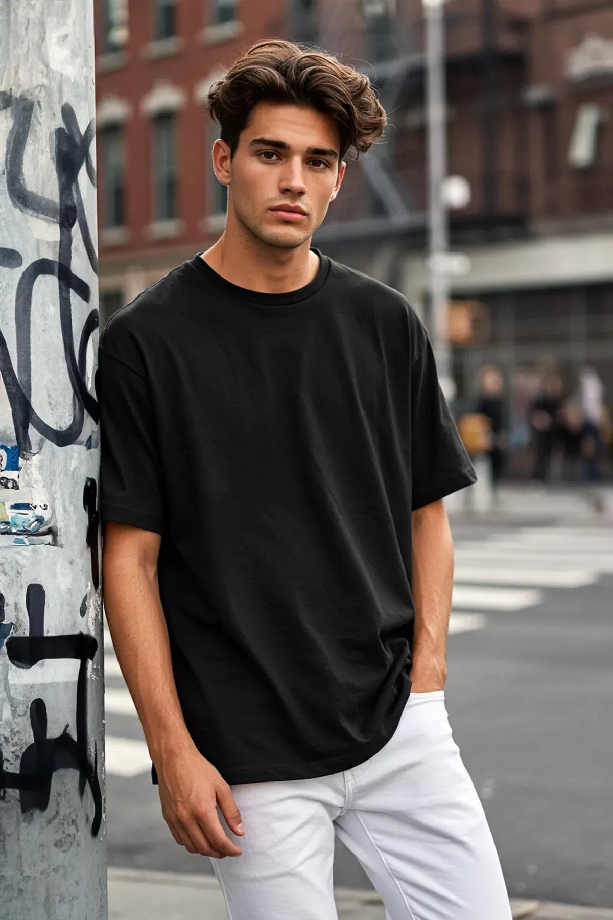 Black Crew Neck Oversize T-Shirt, , large image number 3
