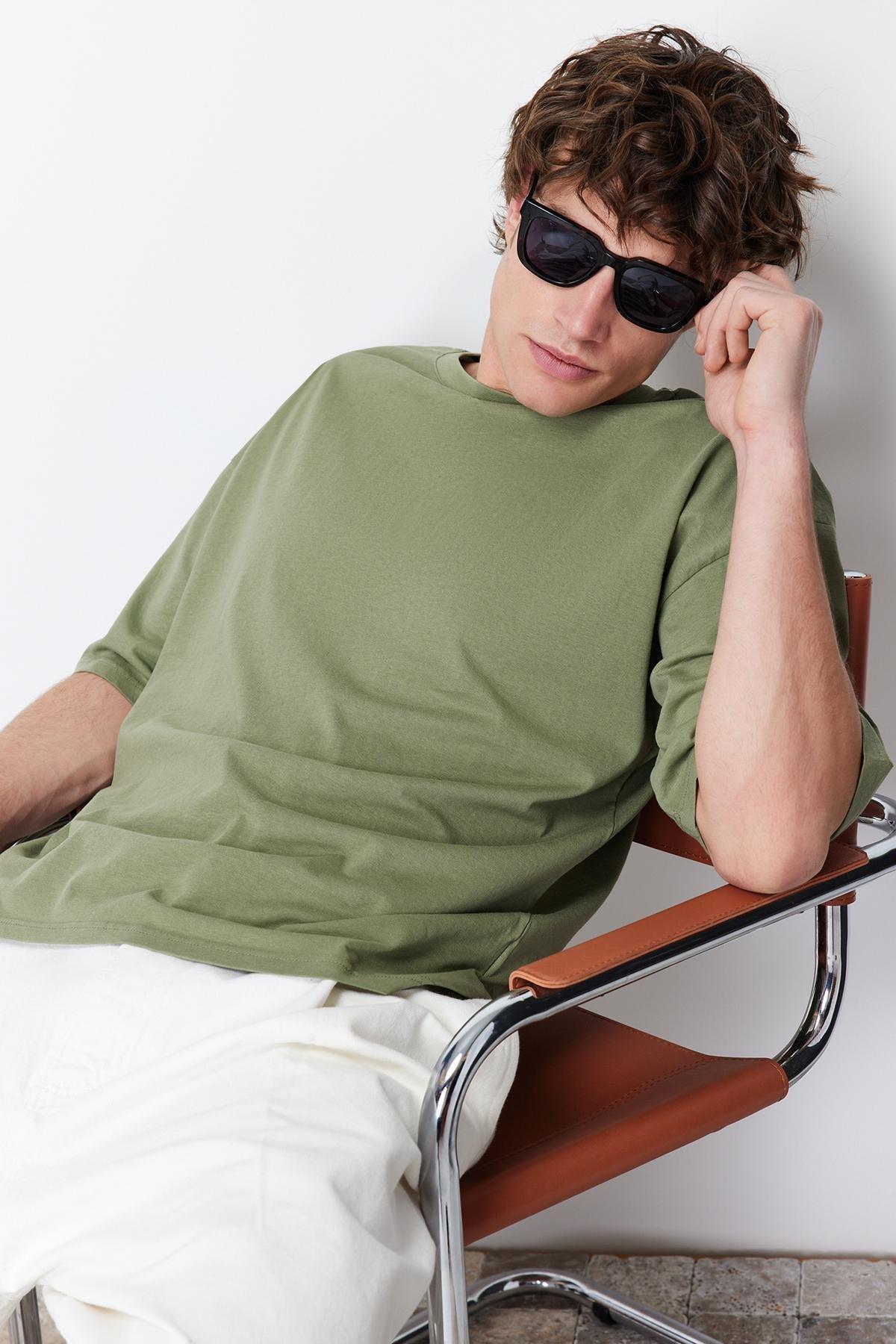 Khaki Crew Neck Oversize Tshirt, , large image number 6