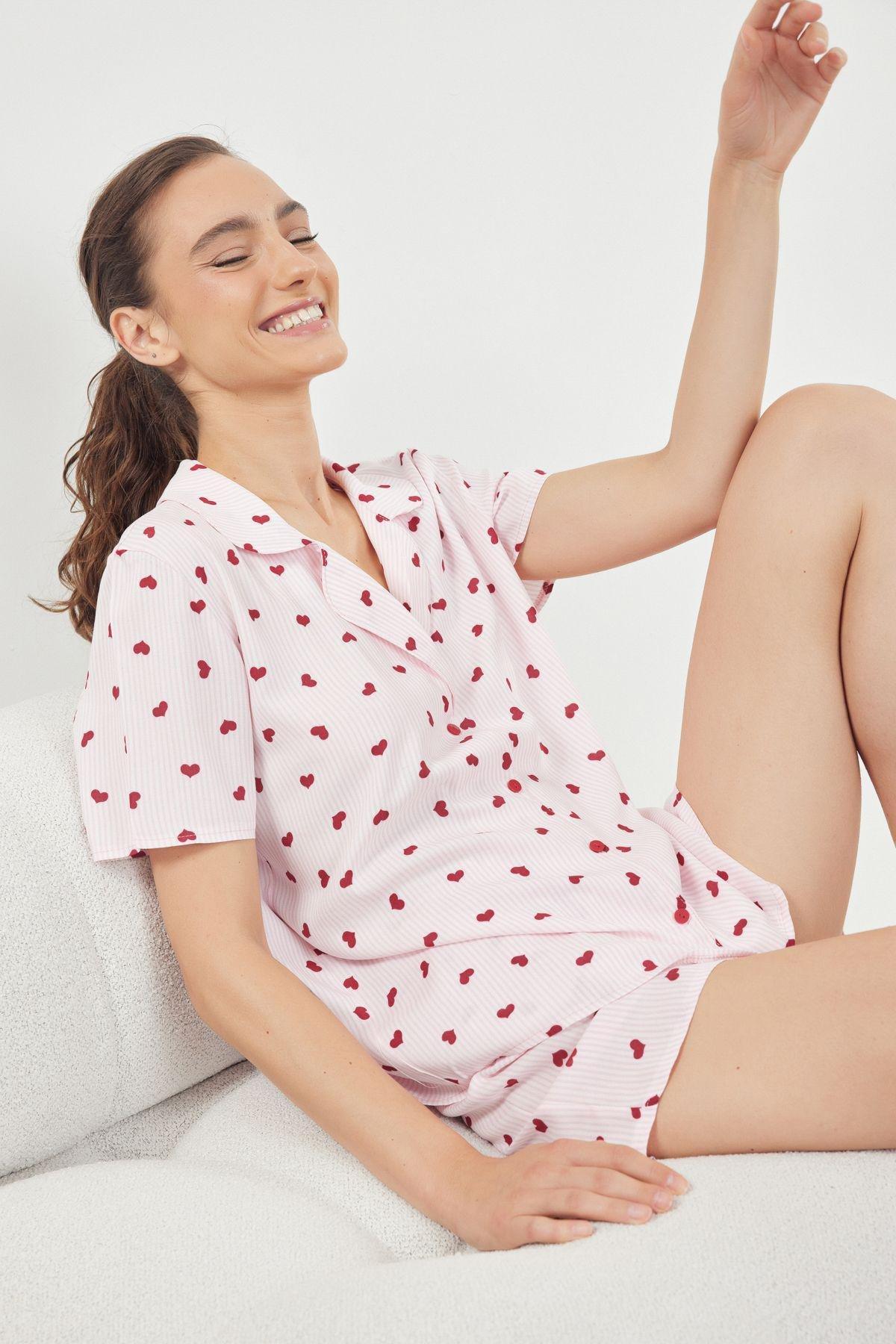 Pink Striped Heart Viscose Shorts Woven Pajama Set THMSS22PT0091, 2s, , large image number 0