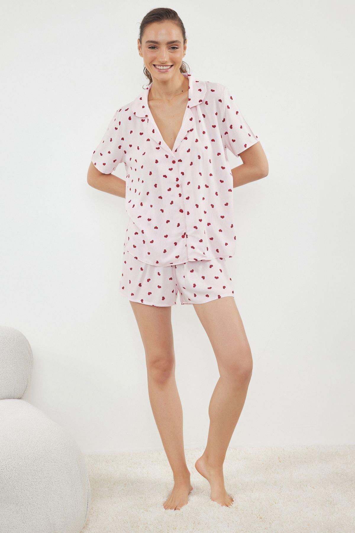 Pink Striped Heart Viscose Shorts Woven Pajama Set THMSS22PT0091, 2s, , large image number 1