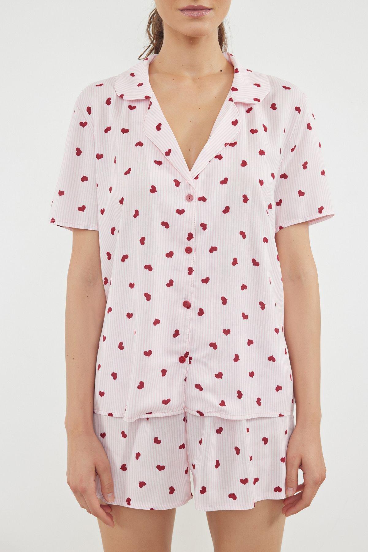 Pink Striped Heart Viscose Shorts Woven Pajama Set THMSS22PT0091, 2s, , large image number 2