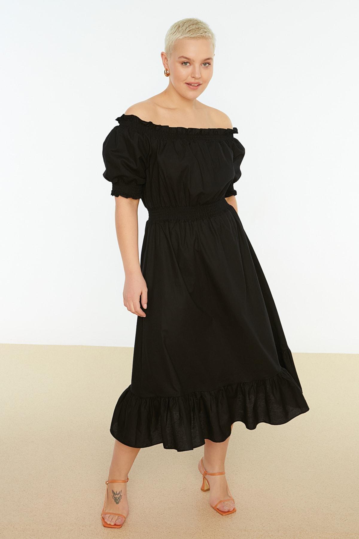 Black Skater Plus Size Midi Dress, , large image number 0