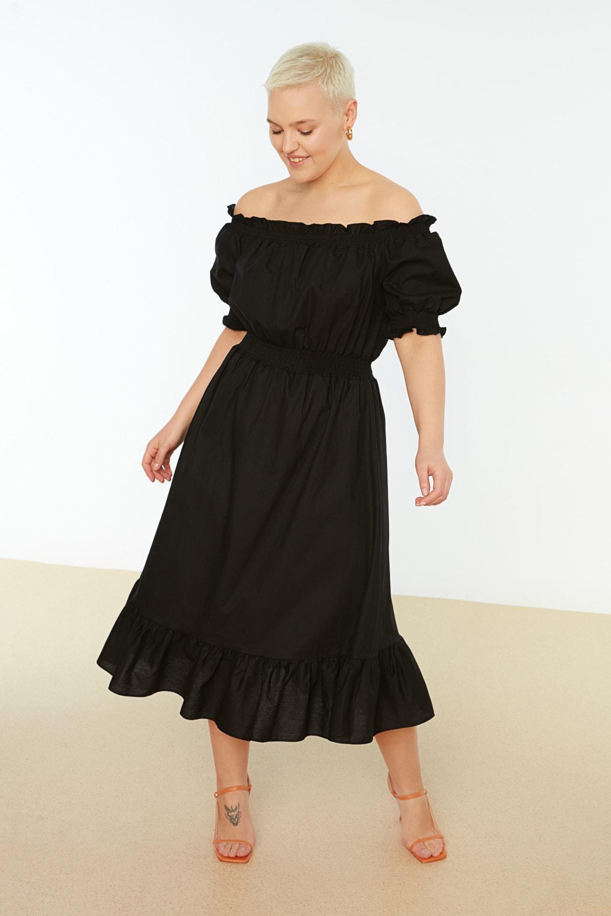 Black Skater Plus Size Midi Dress, Black, medium