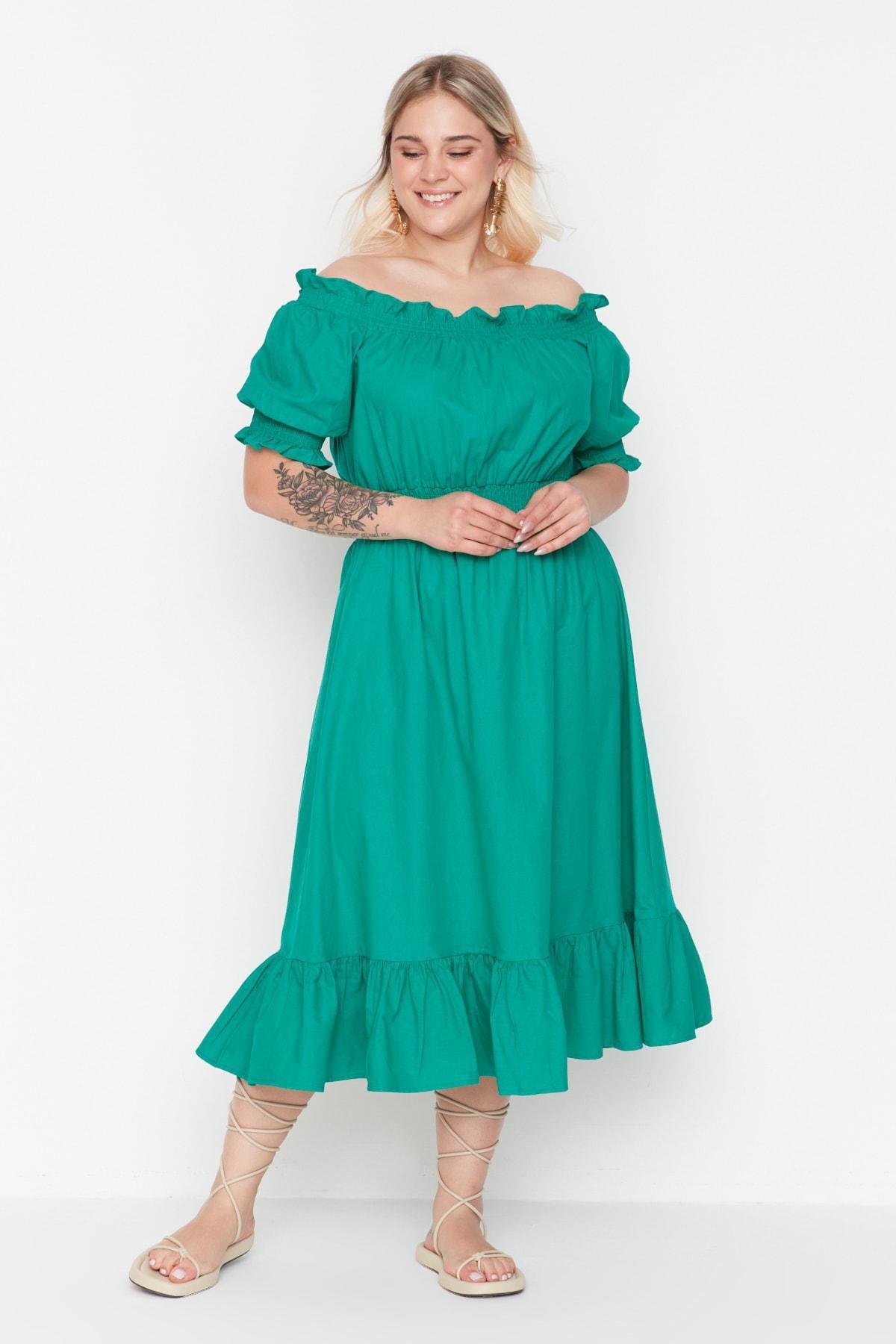 Trendyol - Green Skater Plus Size Dress
