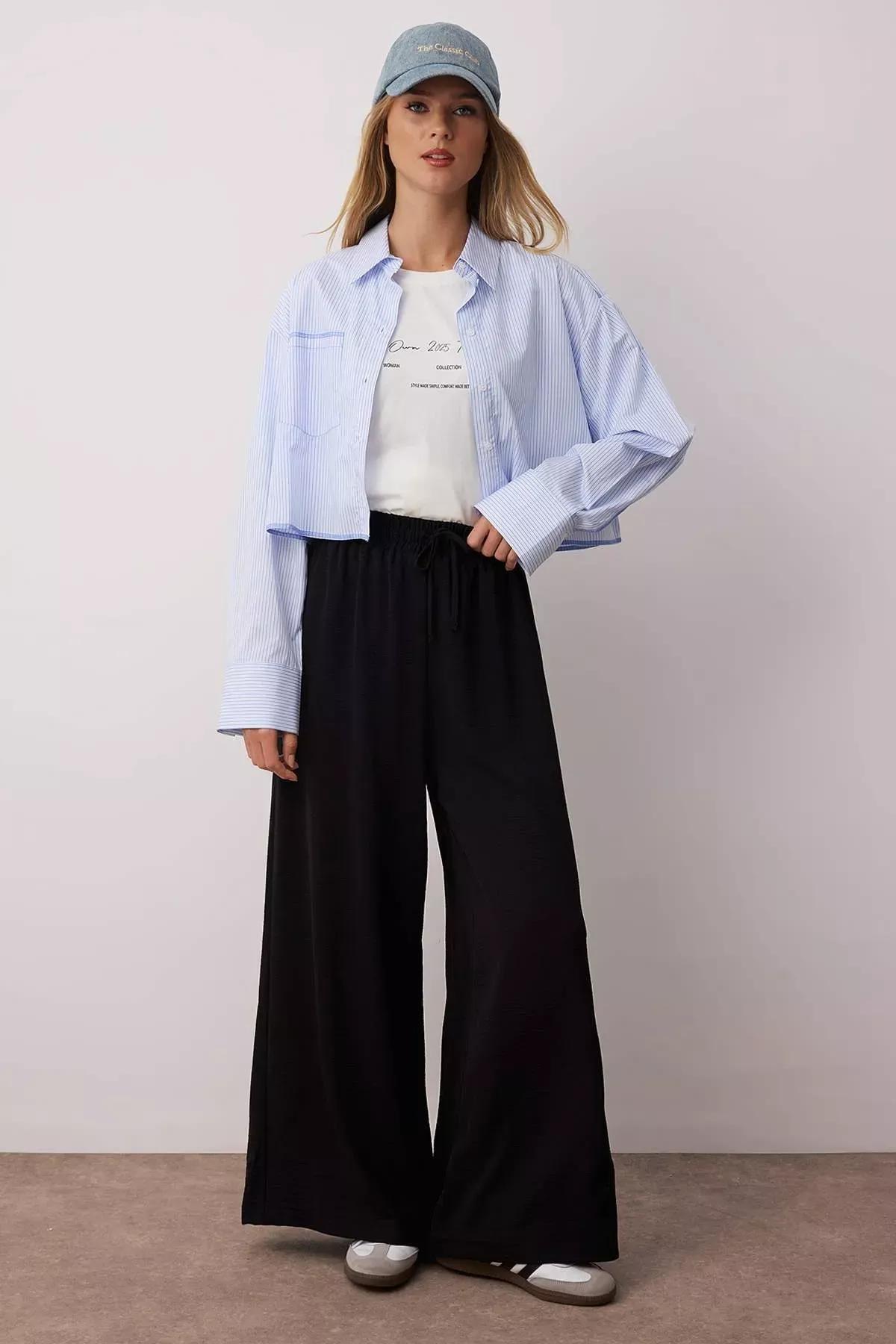 بنطال بقصة ساق عريضة، أسود, Black, large image number 1