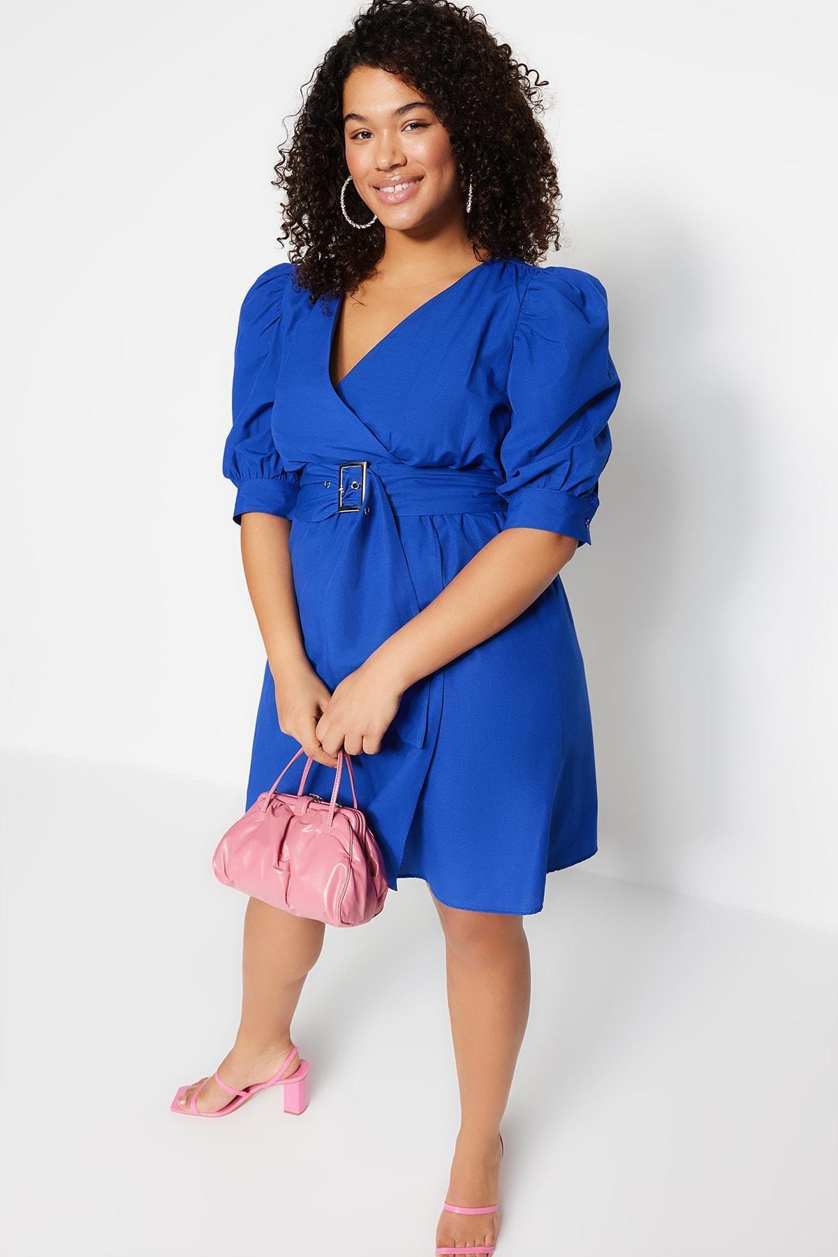 Blue Wrapover Plus Size Dress, , large image number 1