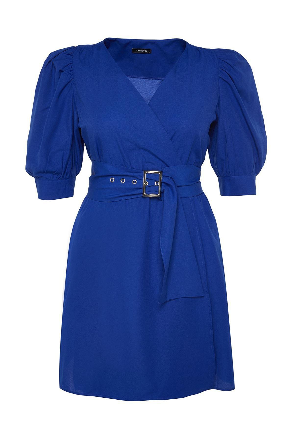 Blue Wrapover Plus Size Dress, , large image number 5