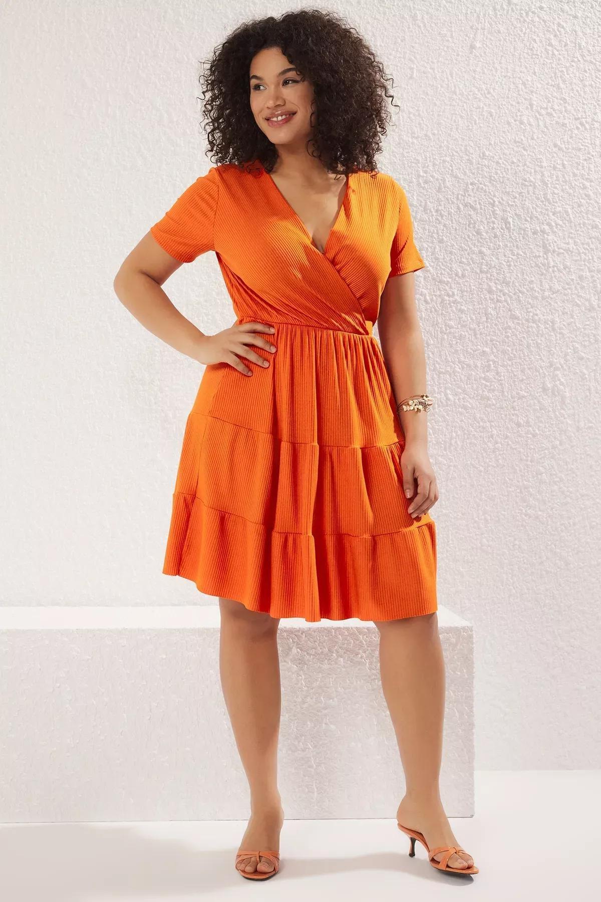 Orange V-Neck Knit Plus Dress, C101_1891, large image number 0