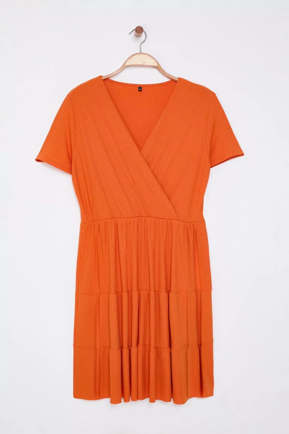 Orange V-Neck Knit Plus Dress, C101_1891, large image number 1