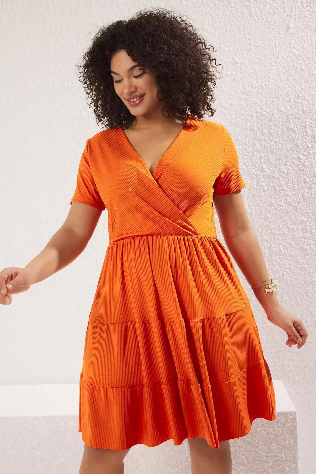 Orange V-Neck Knit Plus Dress, C101_1891, large image number 2