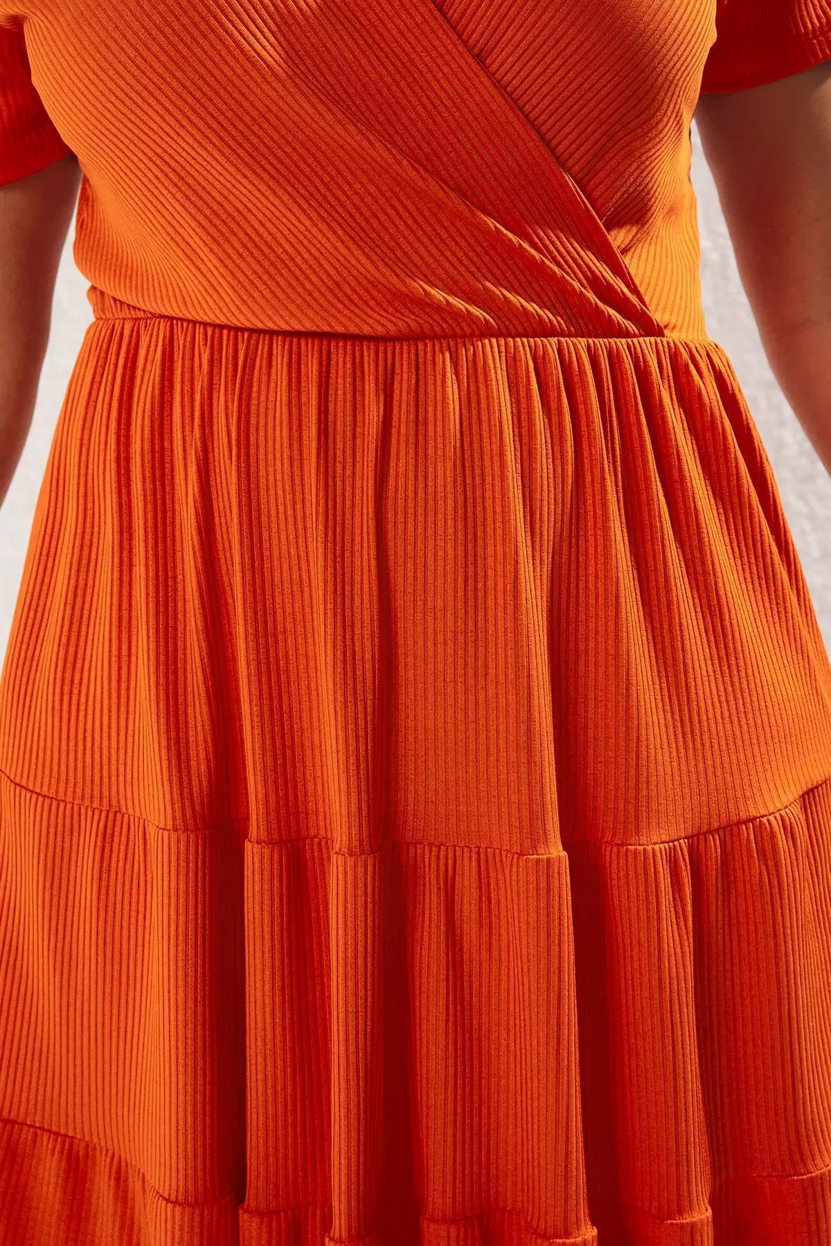 Orange V-Neck Knit Plus Dress, C101_1891, large image number 6