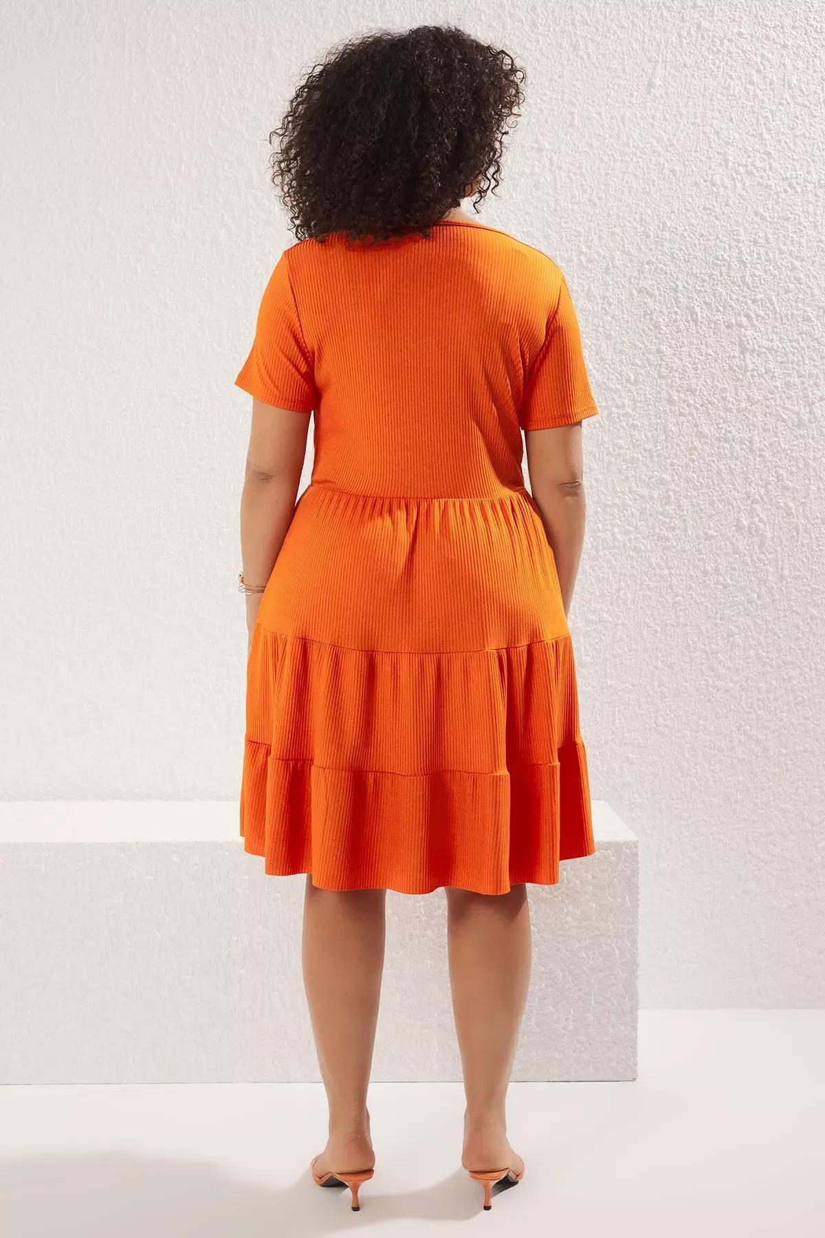 Orange V-Neck Knit Plus Dress, C101_1891, large image number 8