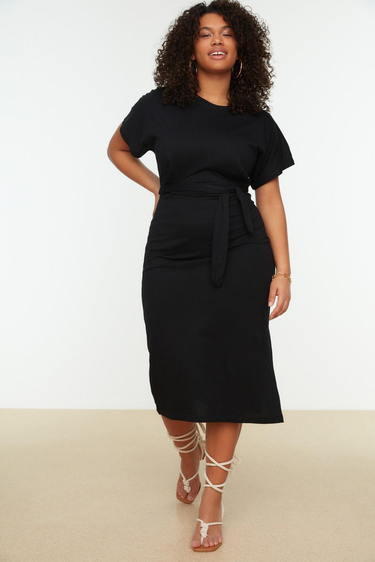 Black Jersey Midi Dress Plus Size Midi Dress, Black, large image number 1