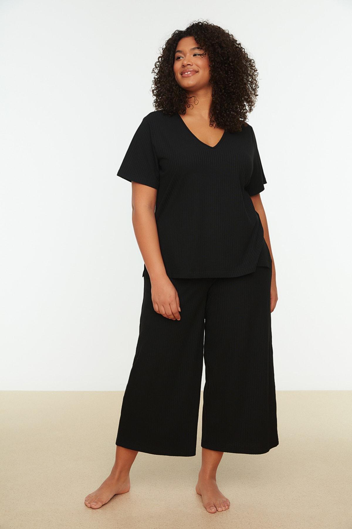 Black Plain Plus Size Pajama Set, , large image number 0