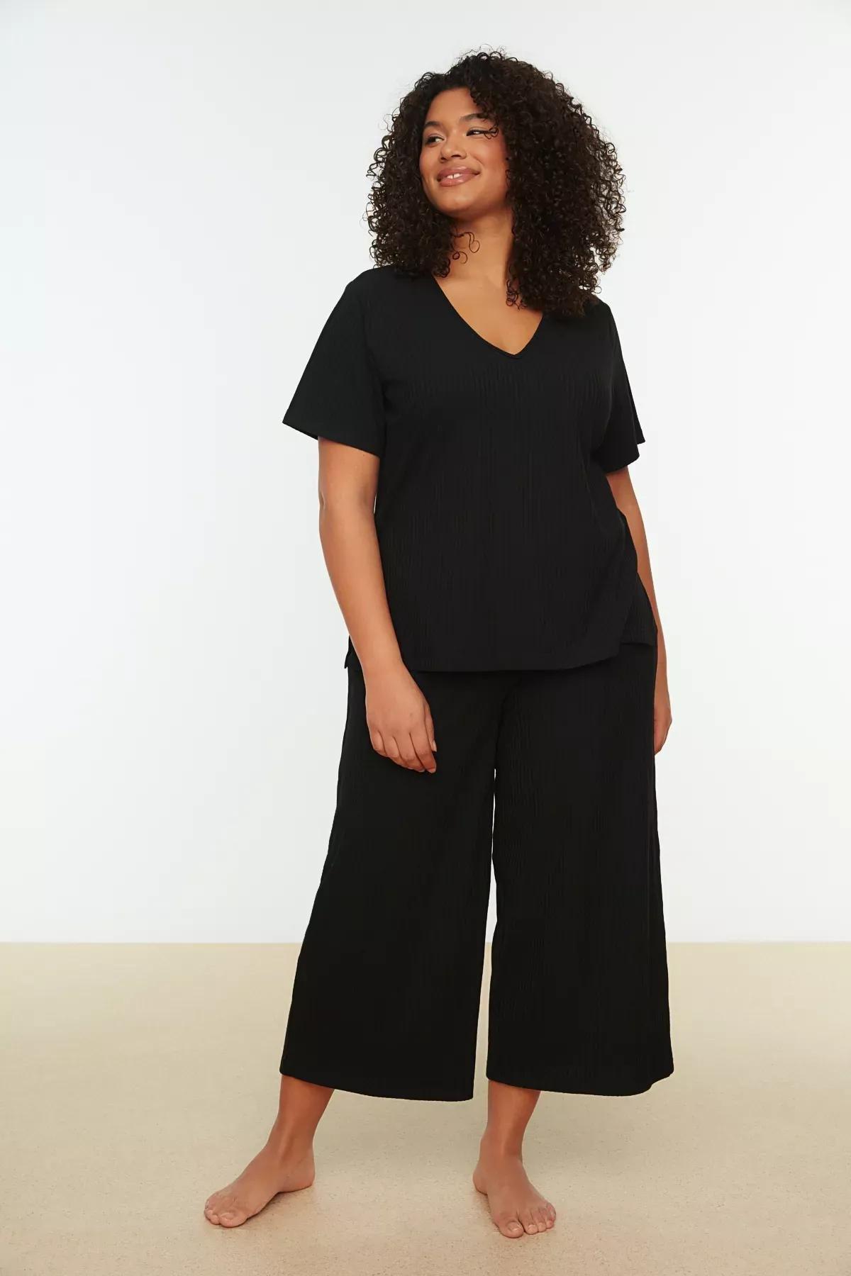 Black Plain Plus Size Pajama Set, Black, medium