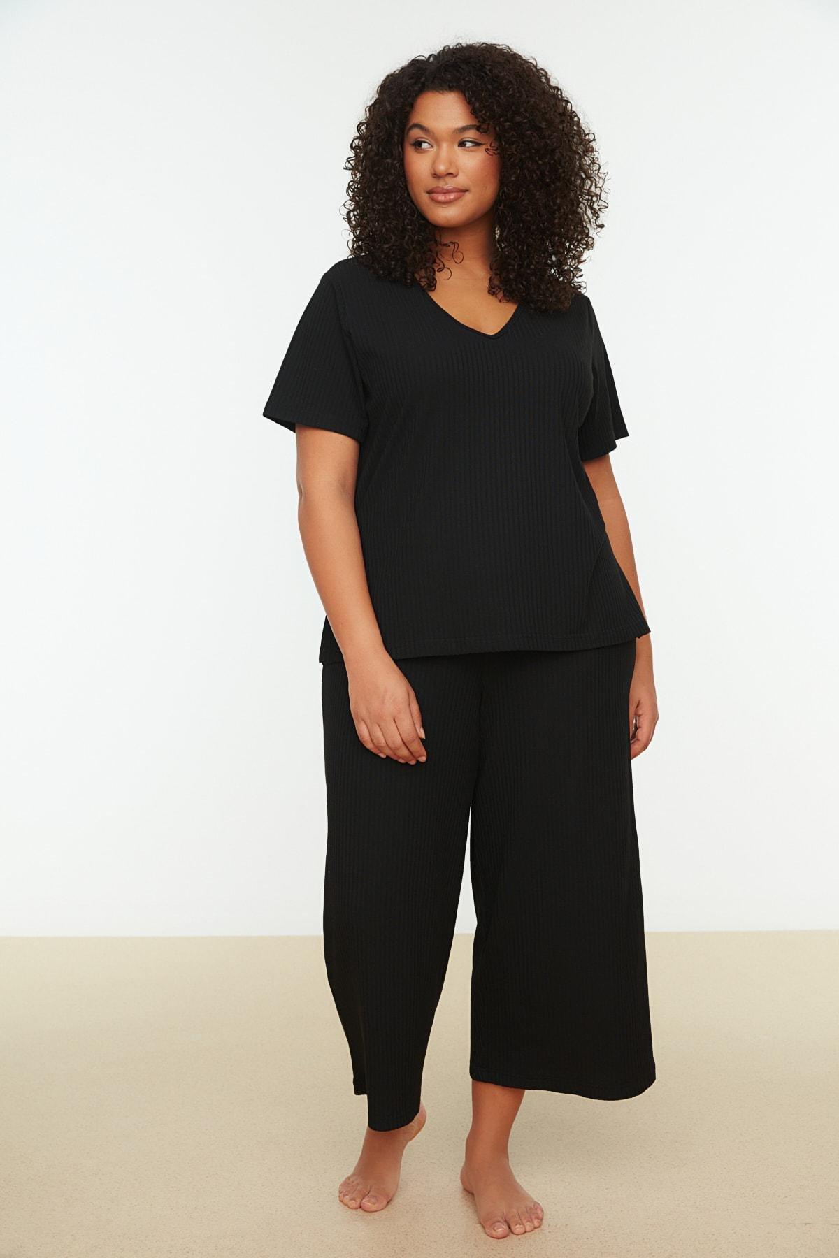 Black Plain Plus Size Pajama Set, , large image number 1