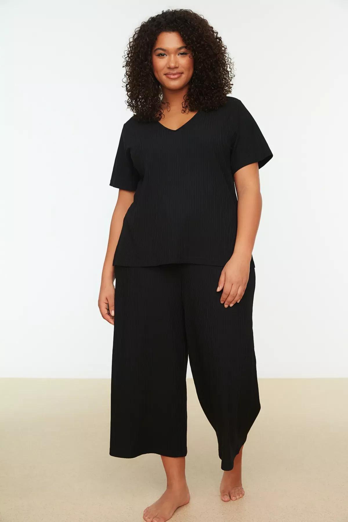 Black Plain Plus Size Pajama Set, Black, medium