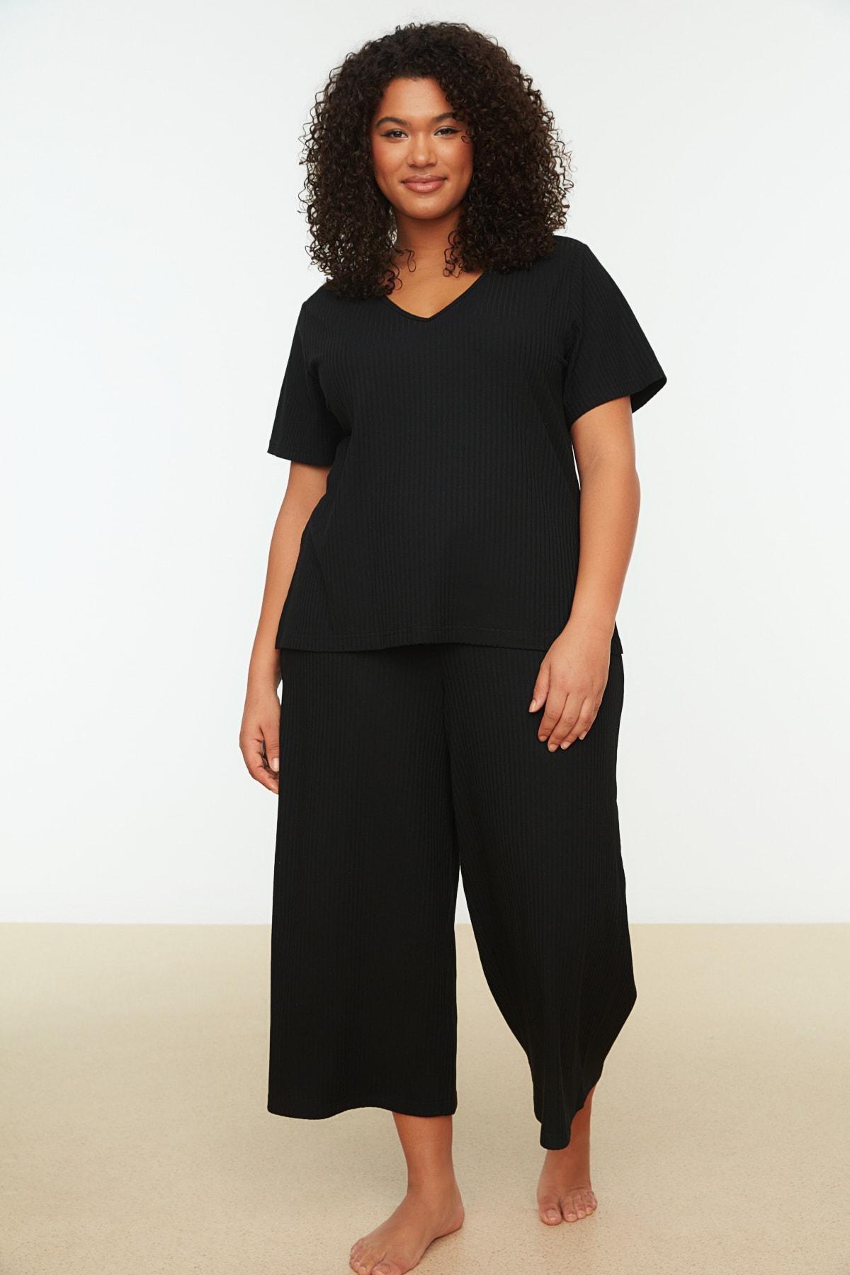 Black Plain Plus Size Pajama Set, , large image number 2