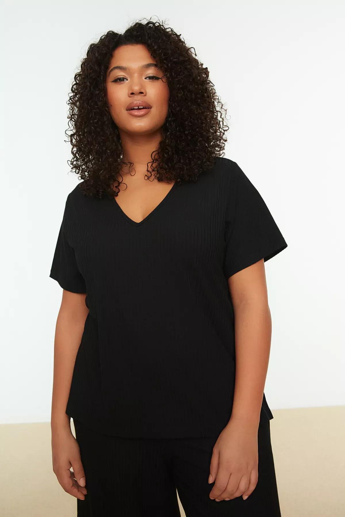 Black Plain Plus Size Pajama Set, Black, large image number 2