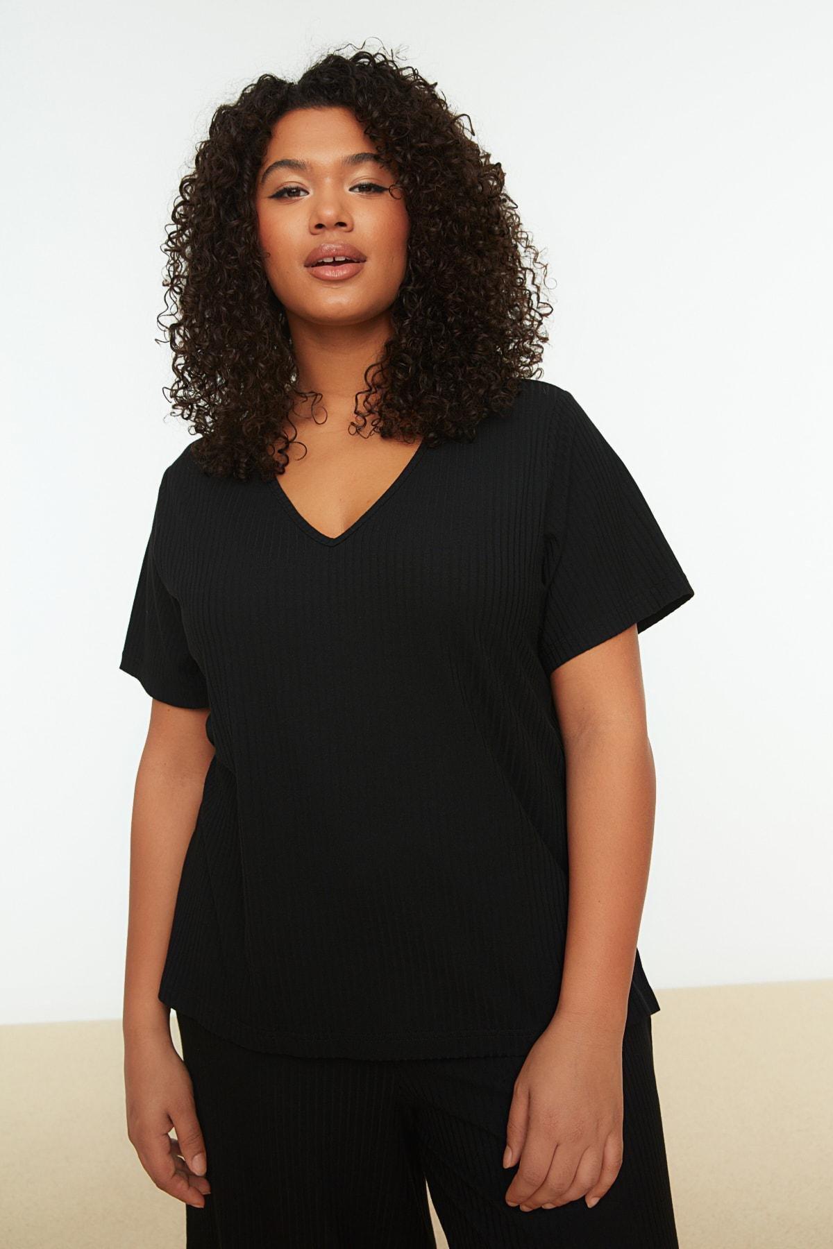 Black Plain Plus Size Pajama Set, , large image number 3