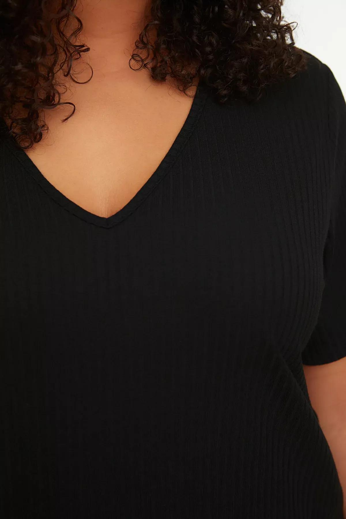 Black Plain Plus Size Pajama Set, Black, large image number 3