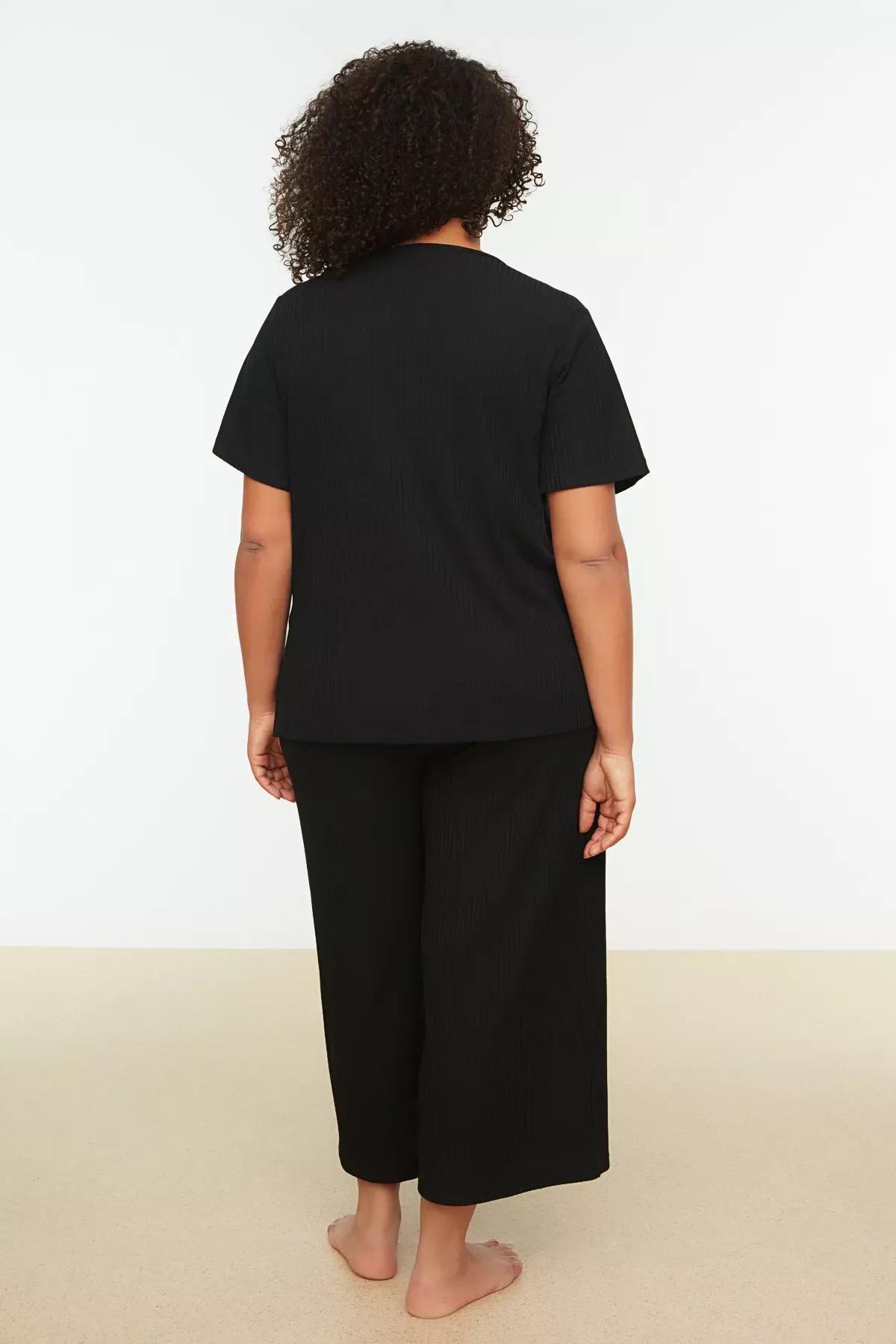 Black Plain Plus Size Pajama Set, Black, large image number 4