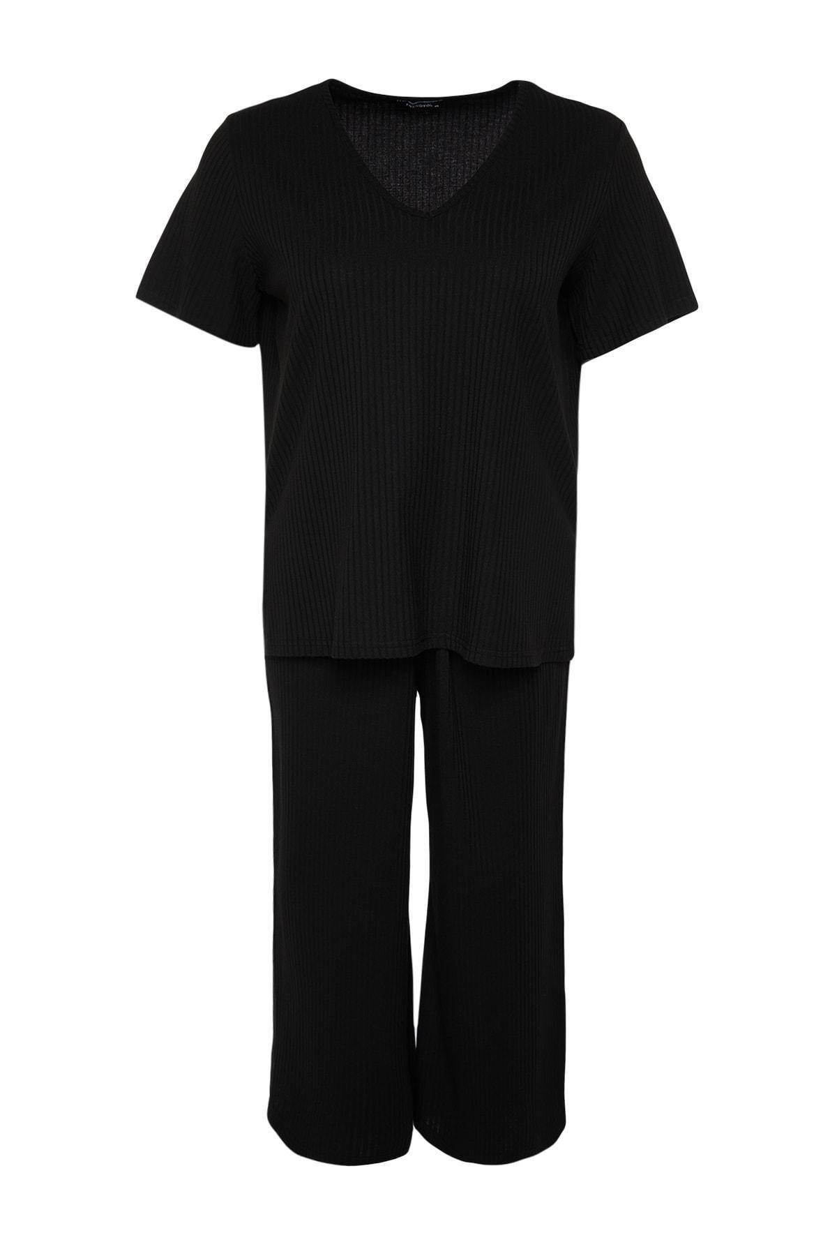 Trendyol - Black Plain Plus Size Pajama Set