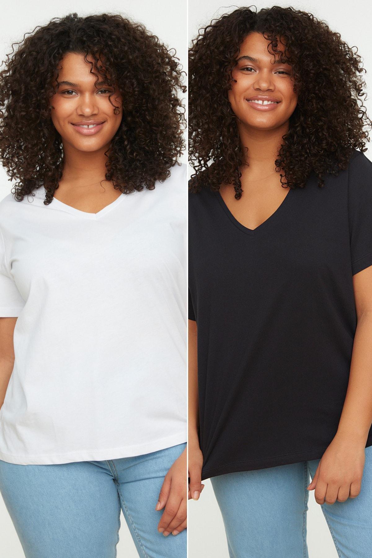 Multicolour V-Neck Plus Size T-Shirt, Set Of 2, , large image number 0