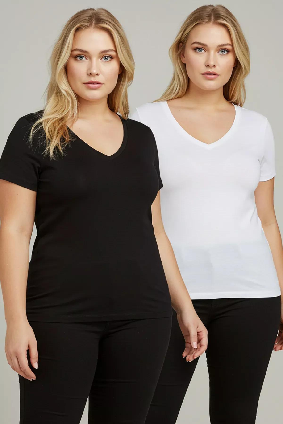 Multicolour V-Neck Plus Size T-Shirt, Set Of 2, , large image number 0