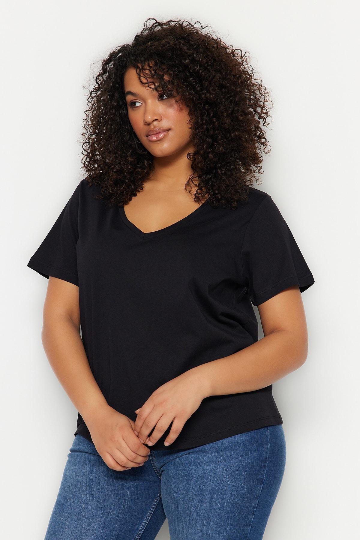 Multicolour V-Neck Plus Size T-Shirt, Set Of 2, , large image number 1