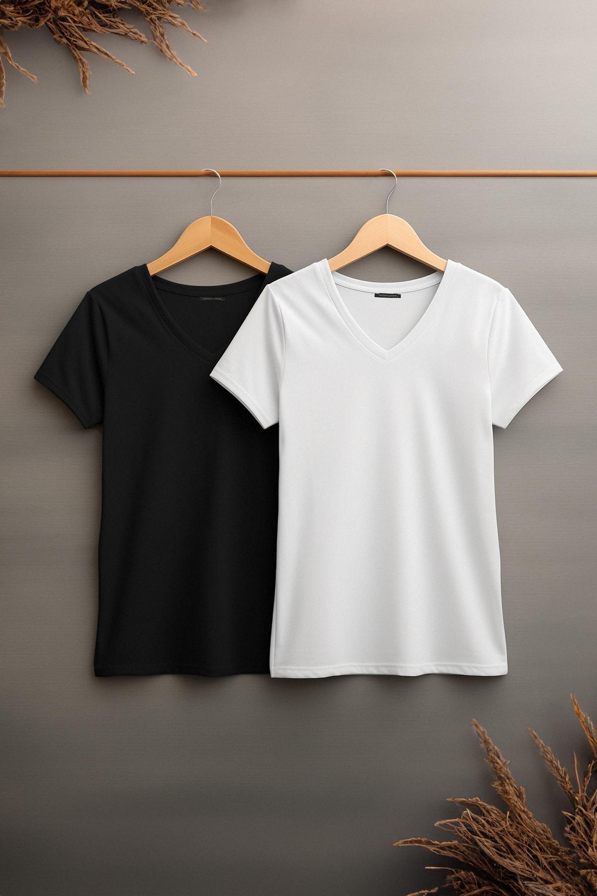 Trendyol - Multicolour V-Neck Plus Size T-Shirt, Set Of 2