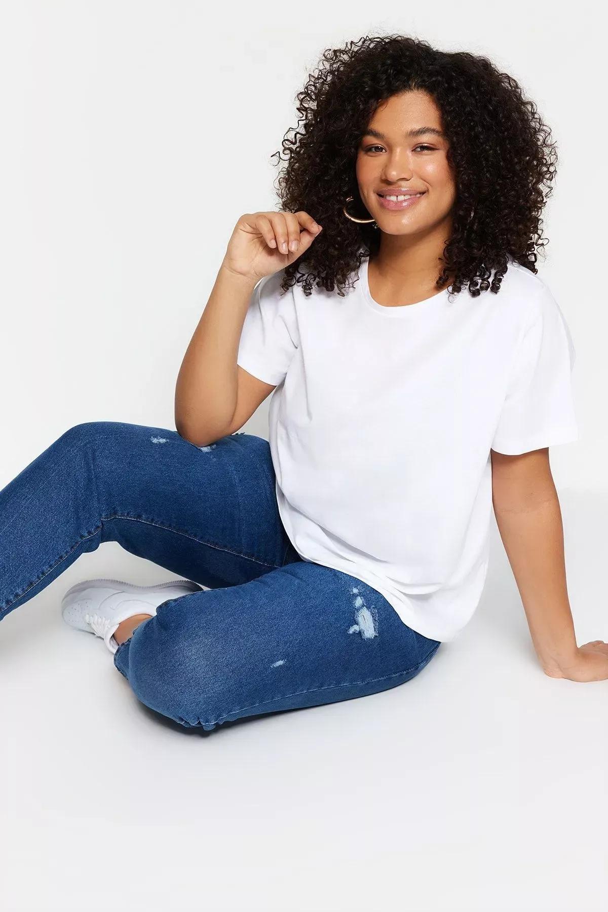 تيشيرت بأكمام قصيرة للمقاسات الكبيرة، أبيض, White, medium