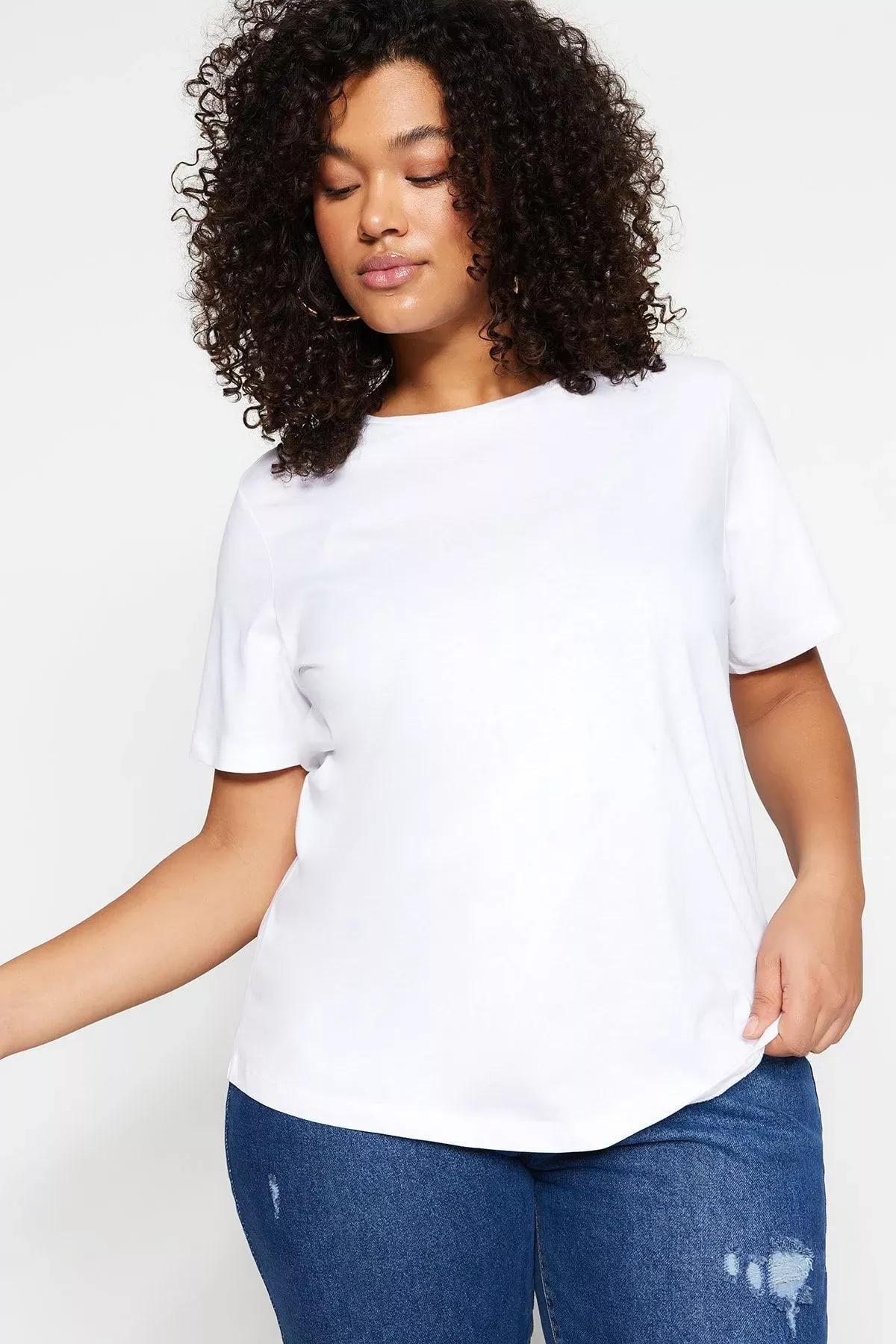 تيشيرت بأكمام قصيرة للمقاسات الكبيرة، أبيض, White, medium