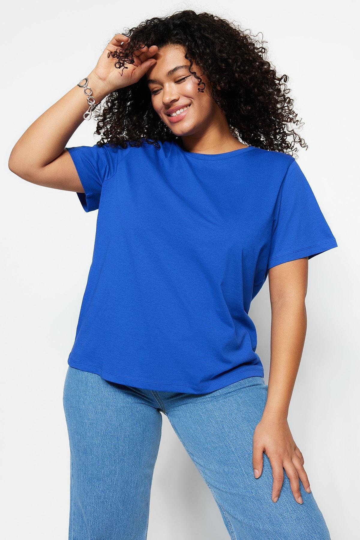 Blue Crew Neck Plus Size T-Shirt, Blue, medium
