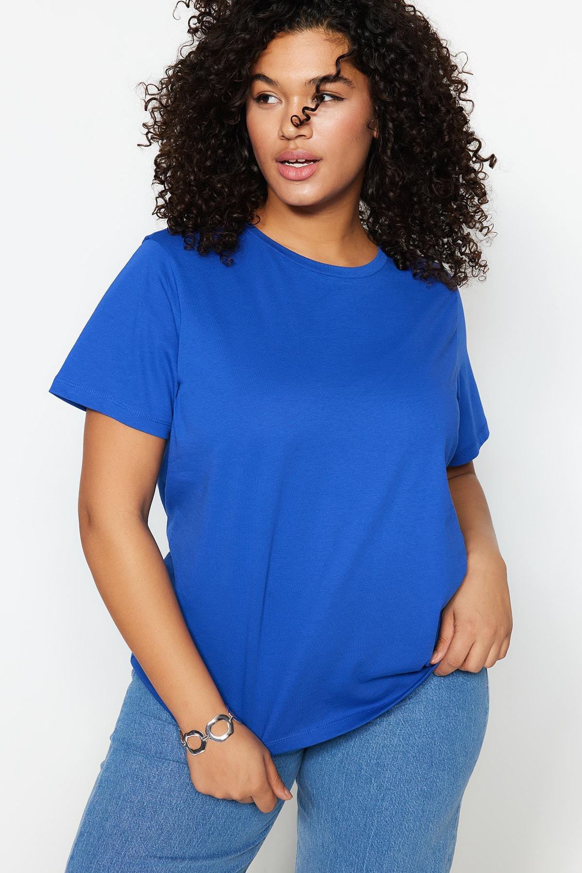 Trendyol - Blue Crew Neck Plus Size T-Shirt