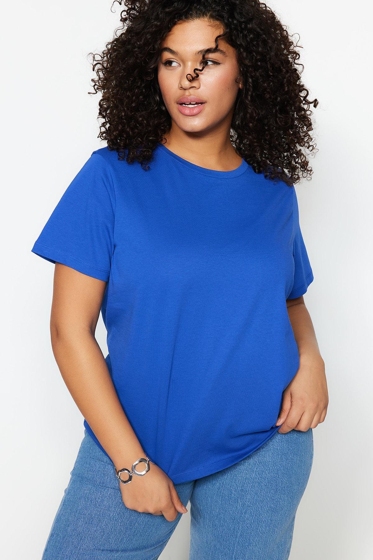 Blue Crew Neck Plus Size T-Shirt, Blue, medium