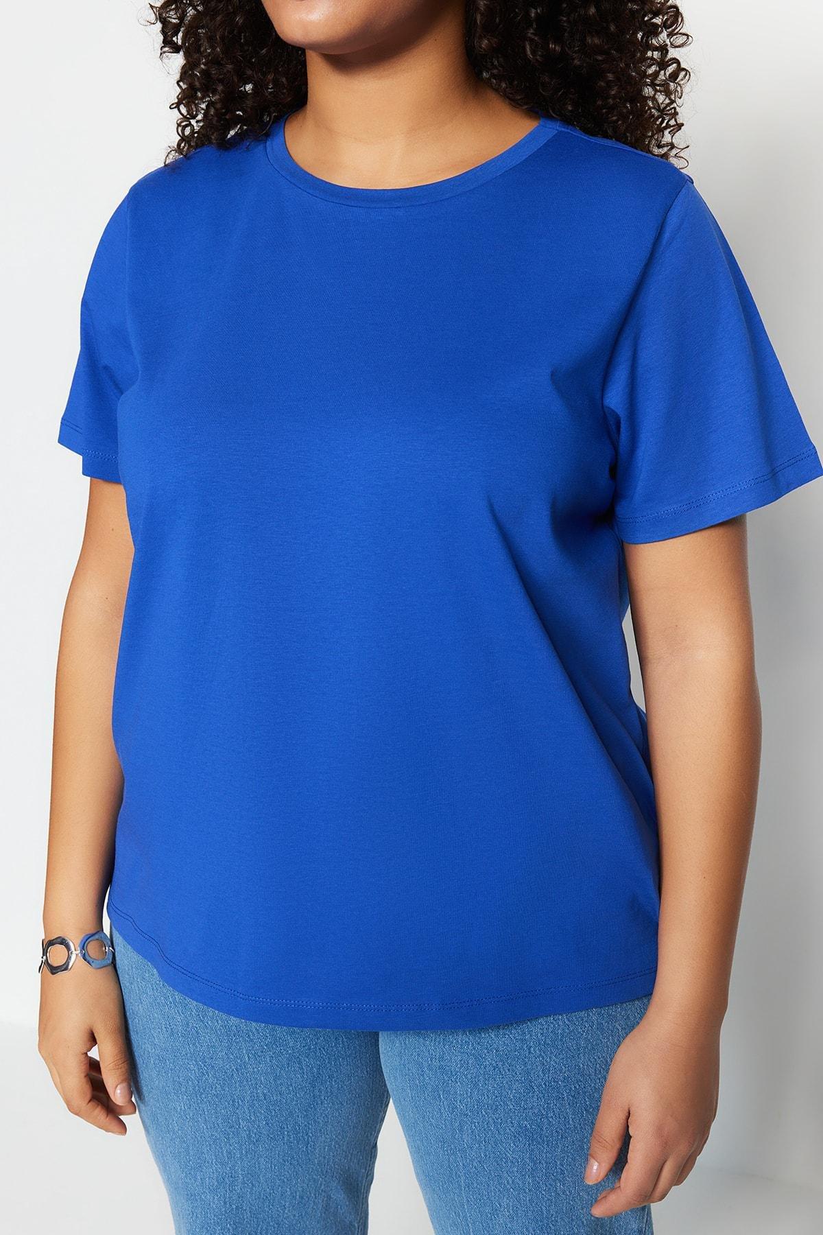 Blue Crew Neck Plus Size T-Shirt, Blue, medium
