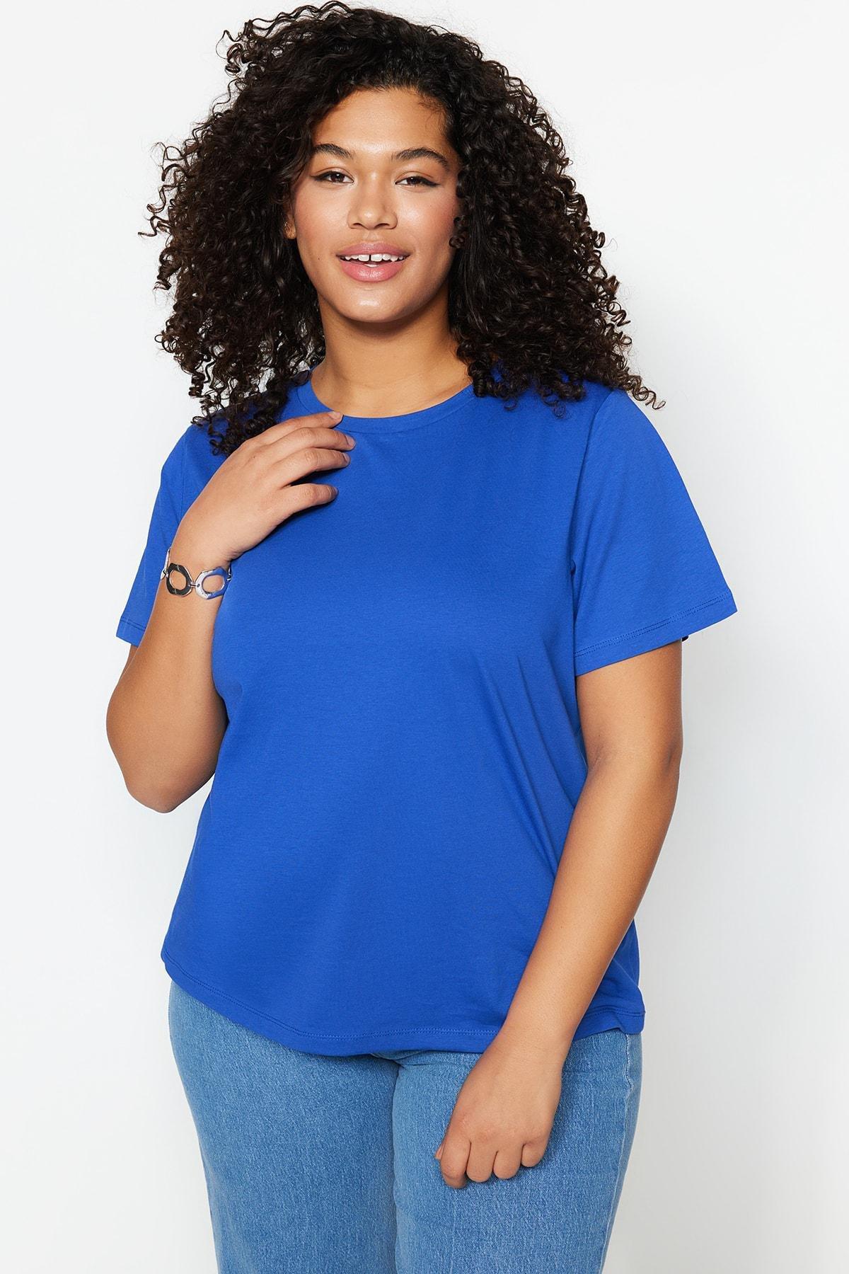 Blue Crew Neck Plus Size T-Shirt, Blue, large image number 3