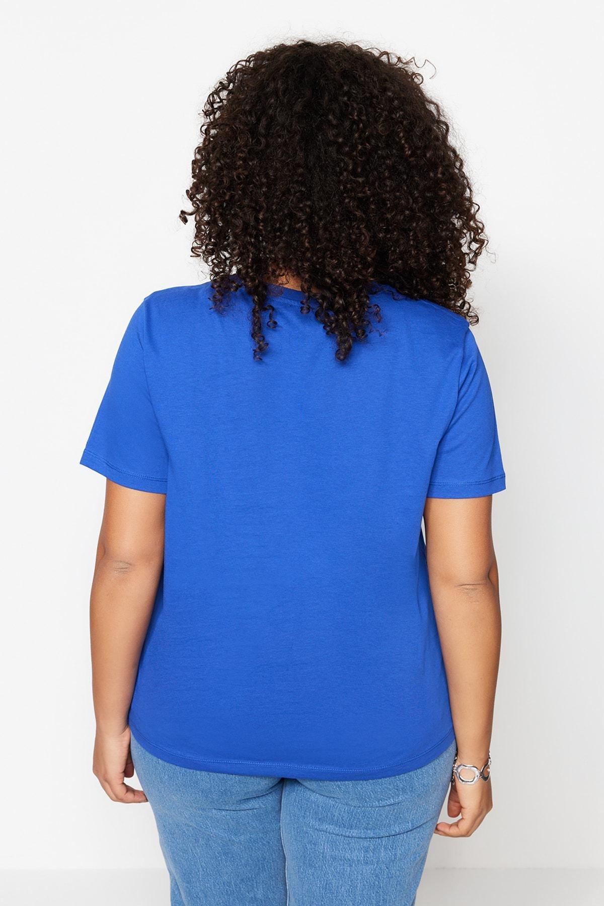Blue Crew Neck Plus Size T-Shirt, Blue, large image number 4
