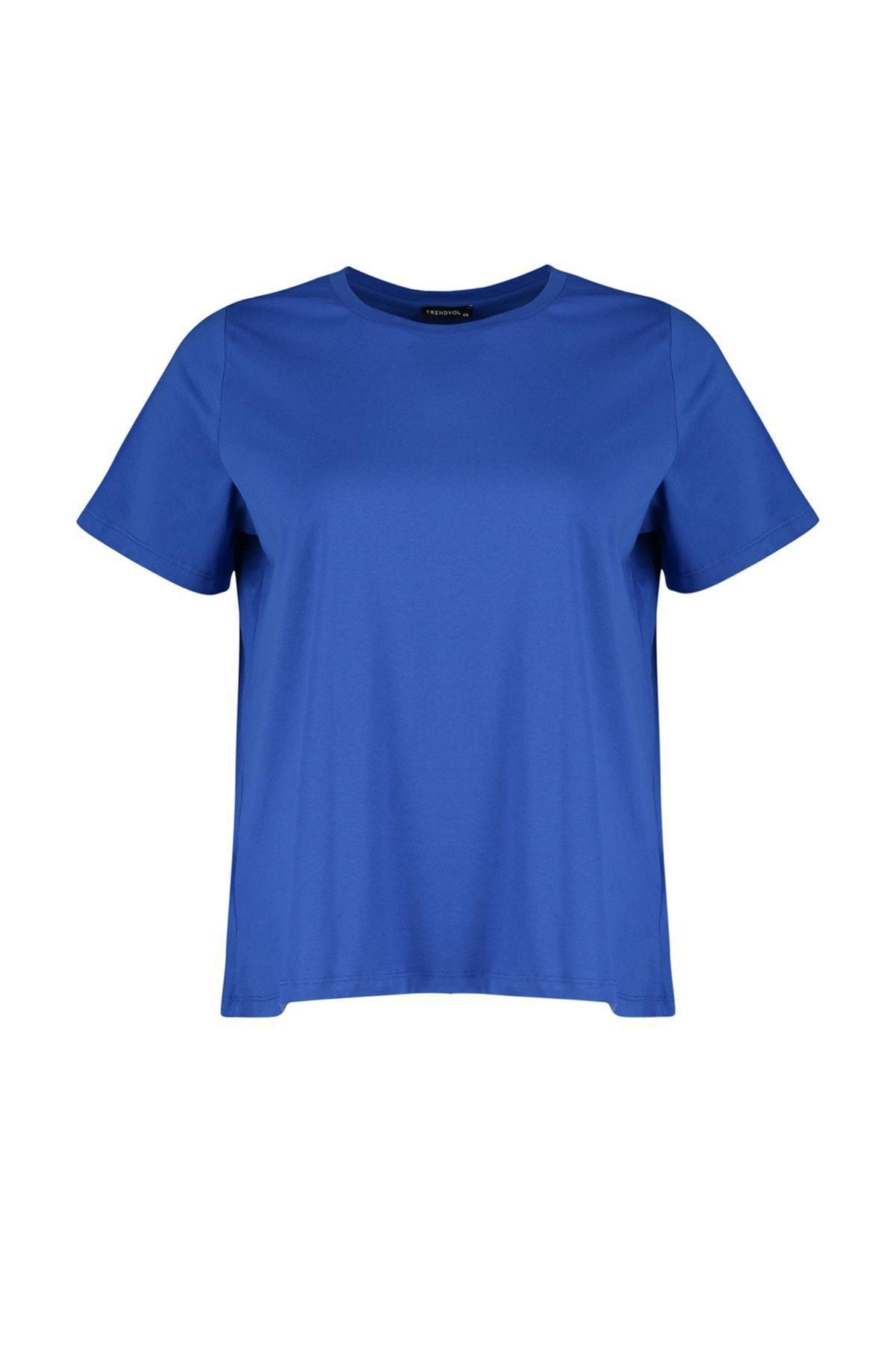 Blue Crew Neck Plus Size T-Shirt, Blue, large image number 5