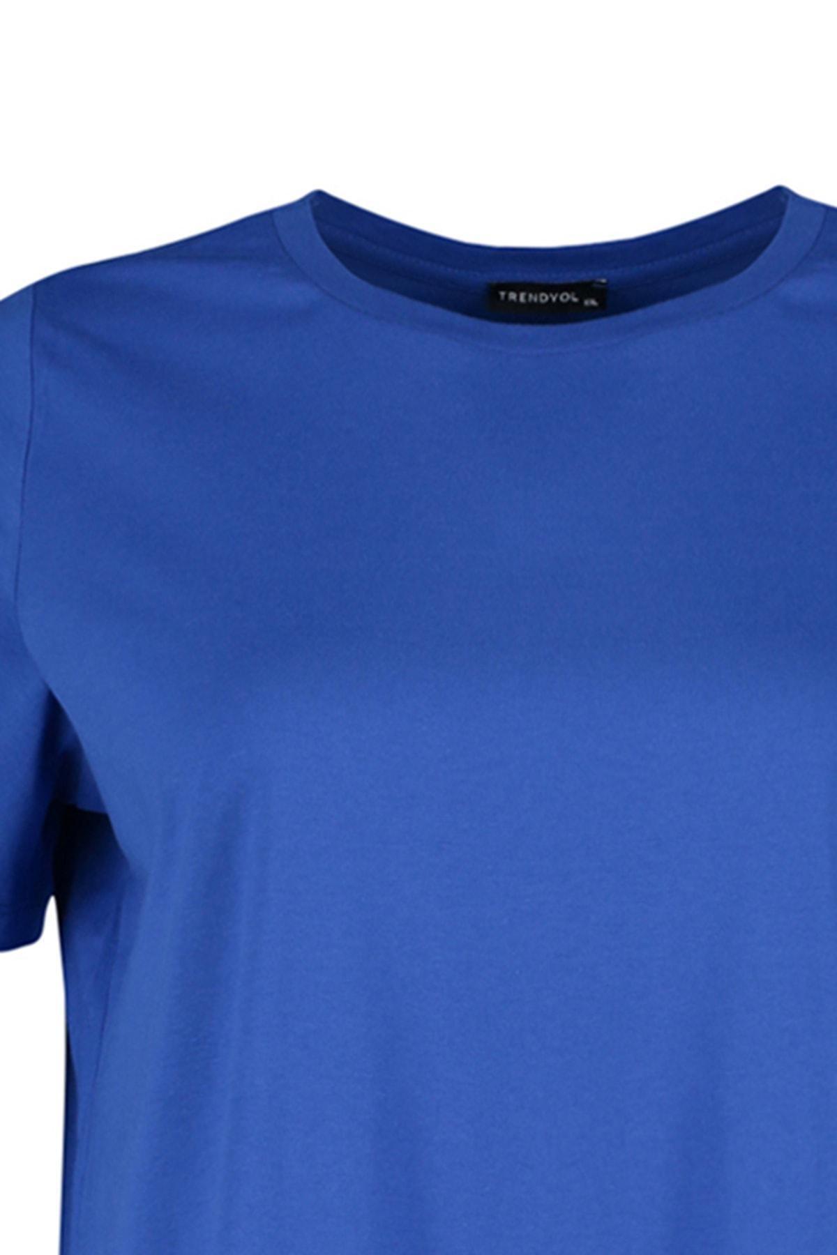 Blue Crew Neck Plus Size T-Shirt, Blue, large image number 6