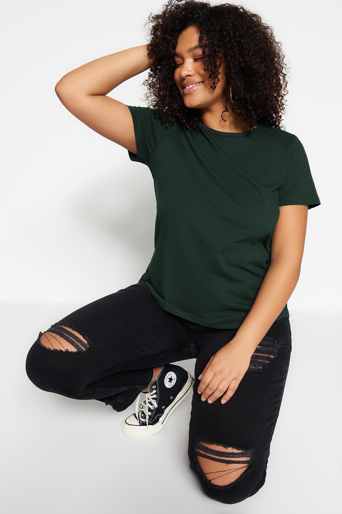 Trendyol - Green Crew Neck Plus Size Tshirt